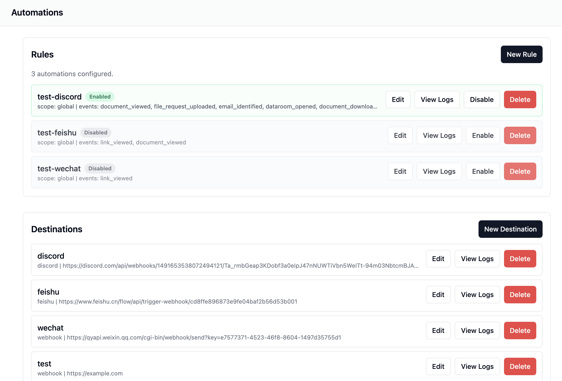 Screenshot of automation rules
