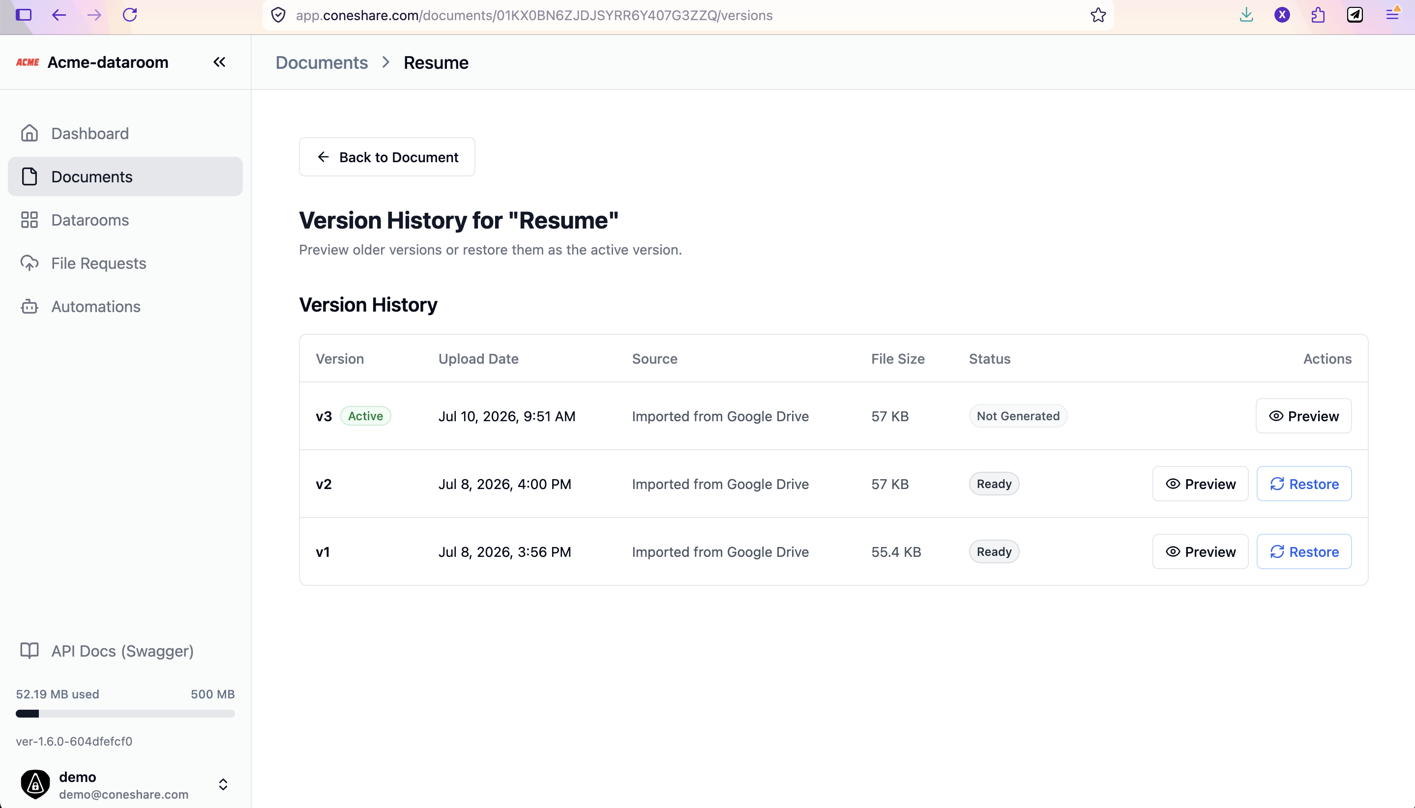 Document Version History and Management Tab