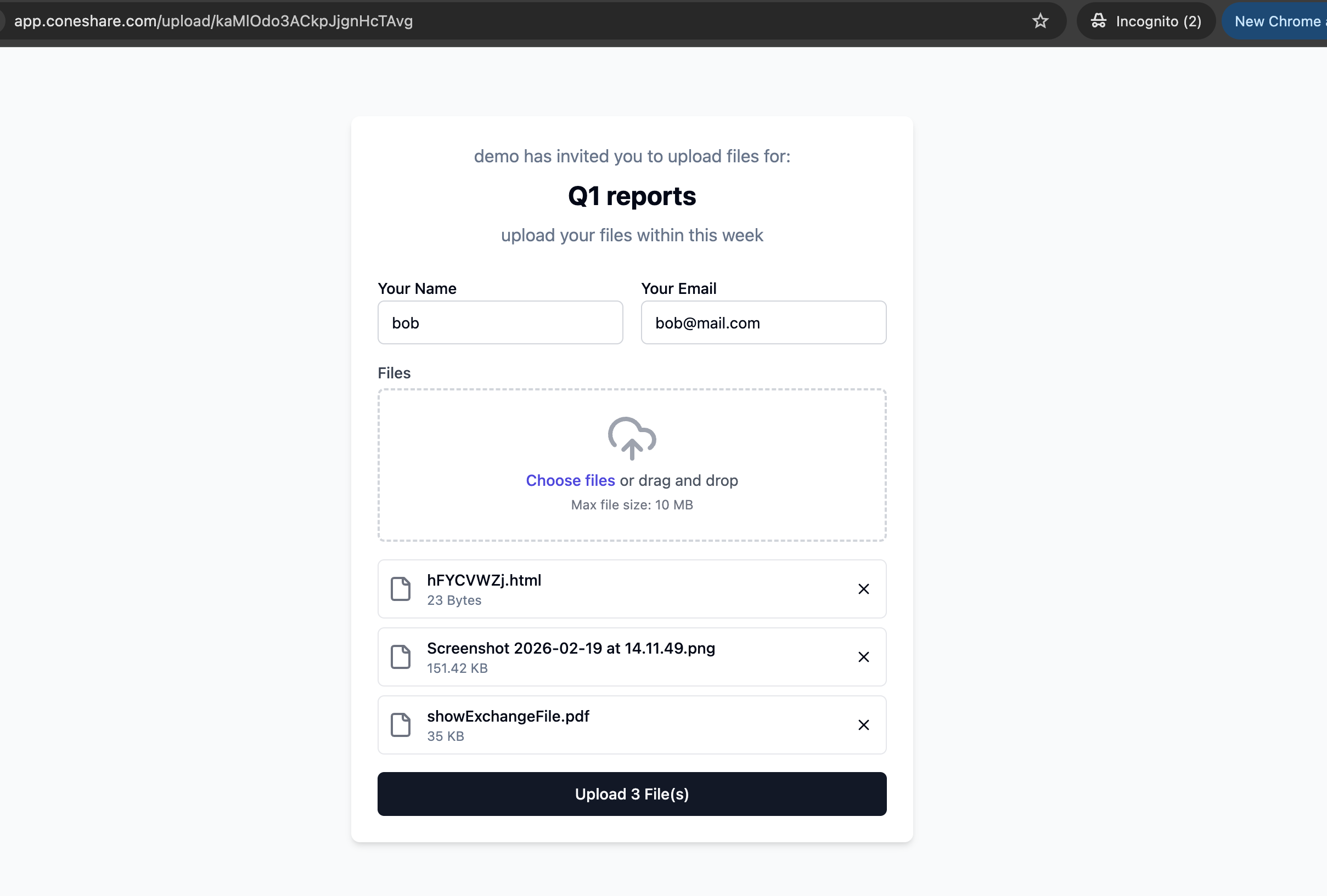 Screenshot of creating a file request link