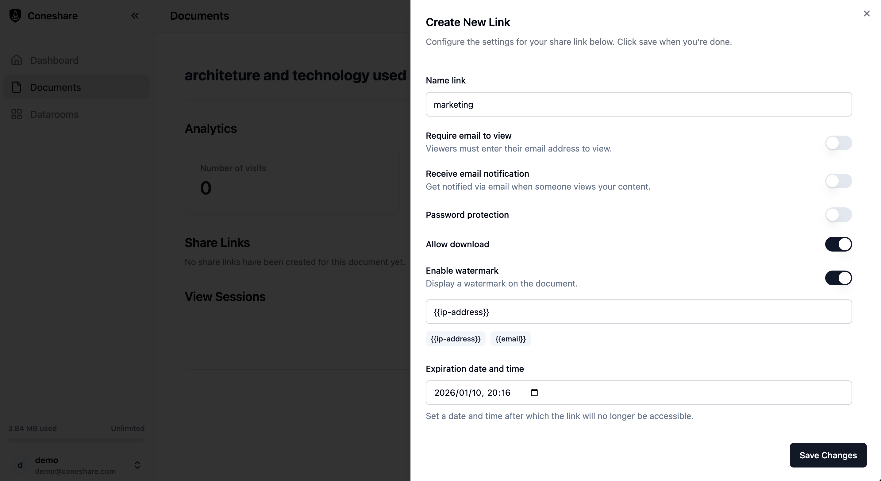 Screenshot of creating a secure share link