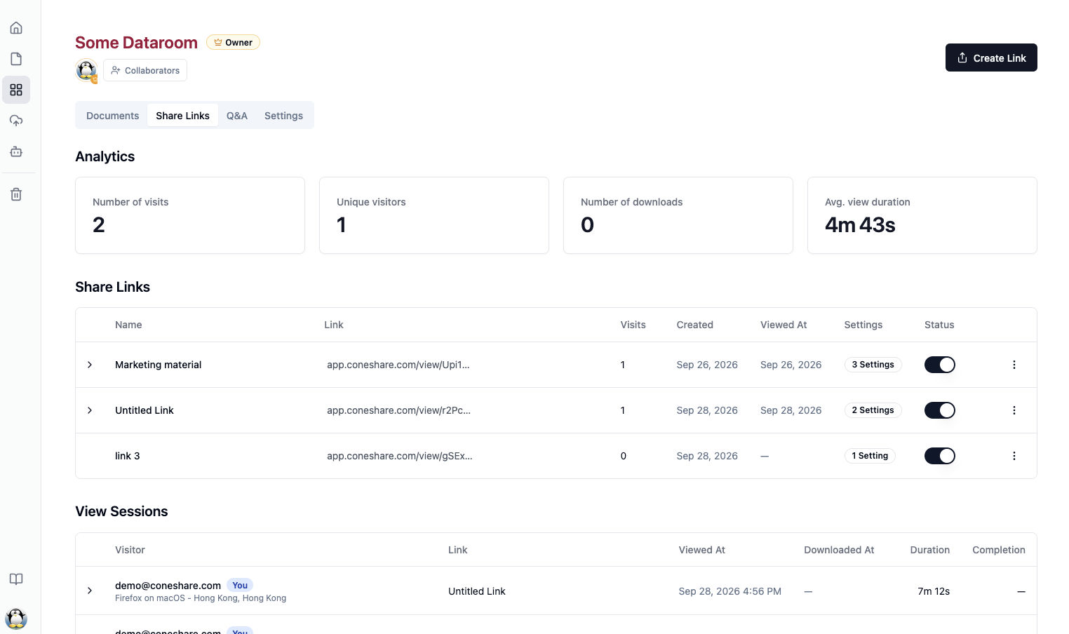 Managing multiple share links for a single dataroom