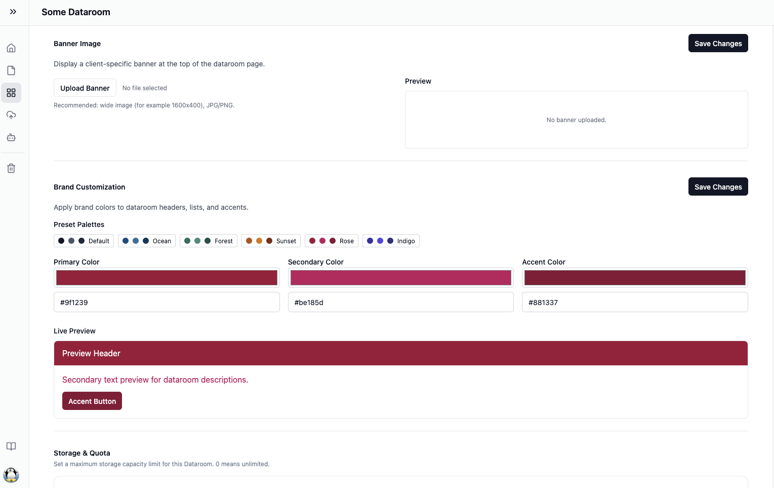 Dataroom settings panel with custom branding, quotas, and display options